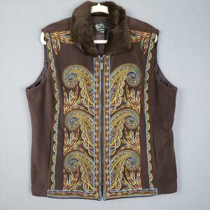Bob Mackie Women's XL Faux Fur Embroidered Zip Up Vest Brown Southwestern Layer